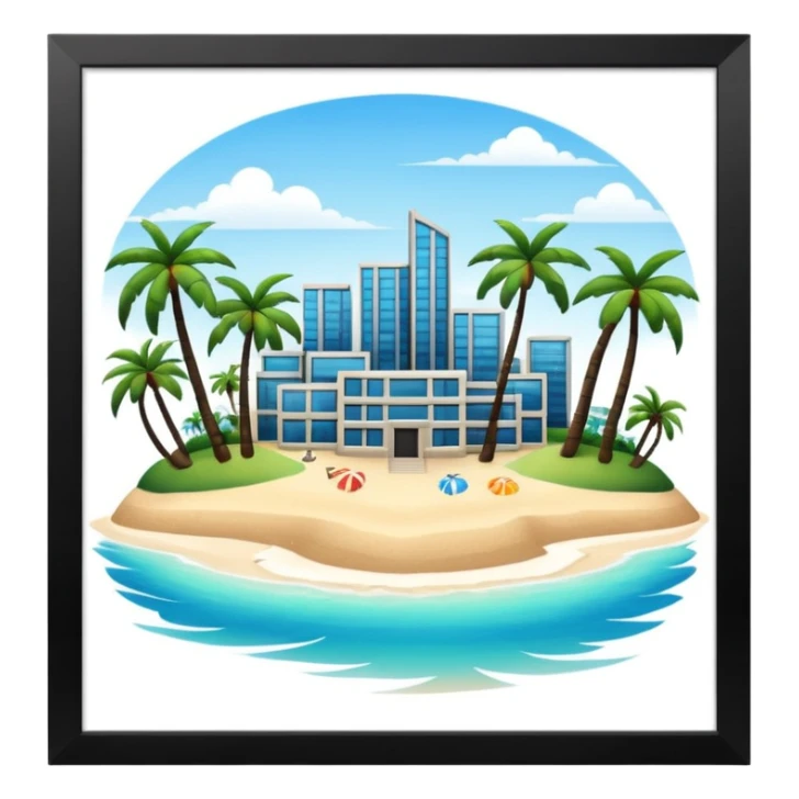 an island with modern buildings and beaches with palm trees  sticker