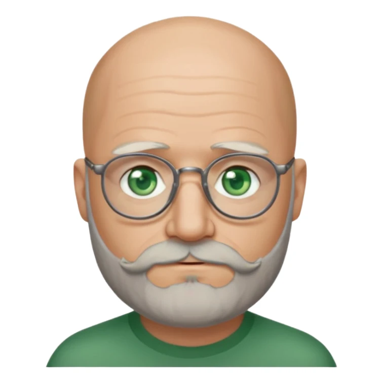 50 years old, green eyes, 2 days salt and pepper beard, bald, glasses sticker