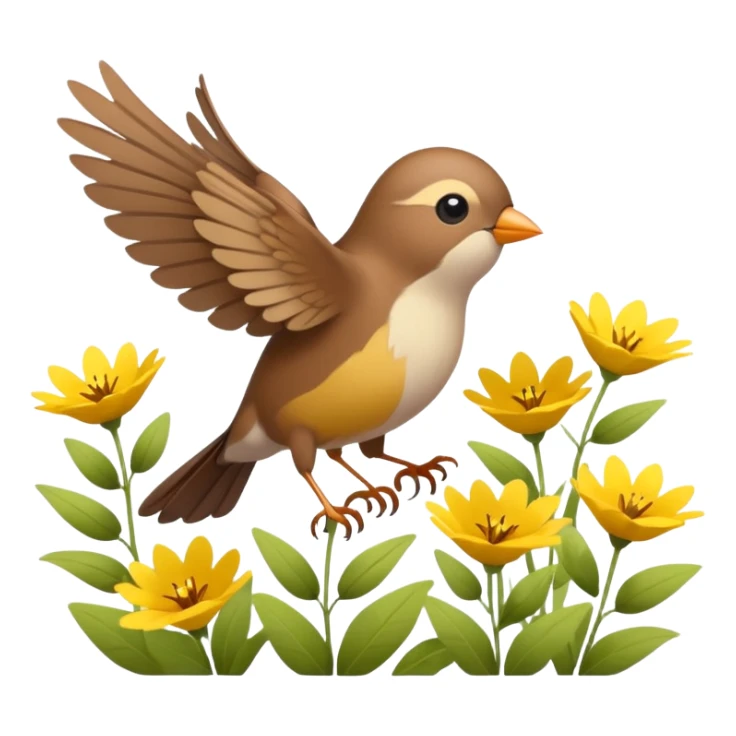 A tiny songbird fluttering its wings above wildflowers. sticker
