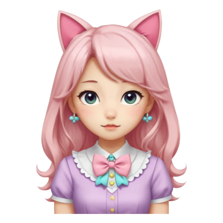 Gorgeous shiny smooth soft pretty aesthetic elegant beautiful gorgeous cute kawaii pastel anime style lady with blushing cheeks, cat ears, long beautiful Lucious stylish hair, big pretty eyes, cute colorful pastel dress and skirt and bow ties, and necklace sticker