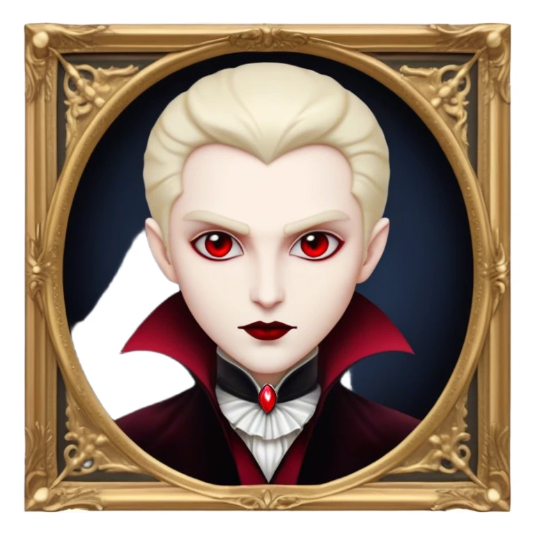 Cinematic Noble Vampire Portrait Emoji, Elegant and commanding, with a refined, pale visage framed by dark, velvet accents and a hint of crimson, exuding timeless seduction and dangerous allure, simplified yet exquisitely detailed, glowing with a soft nocturnal radiance and a subtle, mysterious outline that captures the regal spirit of an immortal lord of the night! sticker