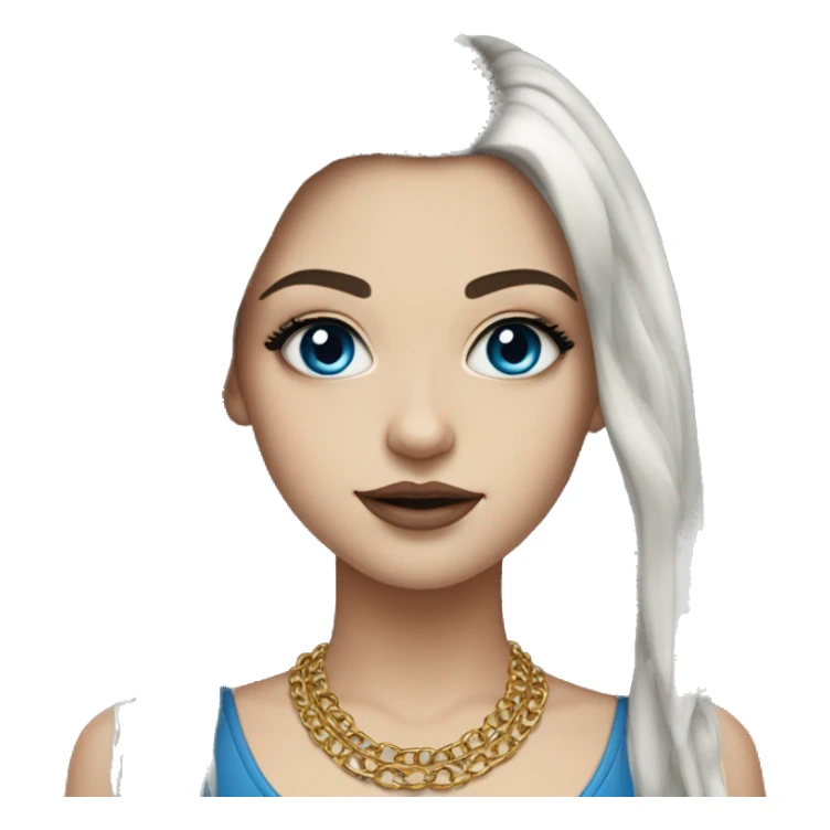 Hyperrealistic white girl with blue eyes and long black hair with rainbow fringe. Wearing gold chain necklace has dark eye makeup on her eyes sticker