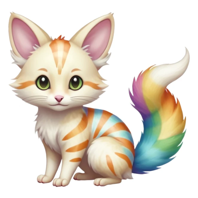  cute adorable whitish albino fur with random colorful iridescent rainbow markings beautiful elegant pretty precious cute  Fakémon-Pokémon-alien-opossum-feline-serval-caracal-chinchilla-Minccino-hybrid-creature with a big fluffy bushy striped tail (full body) sticker
