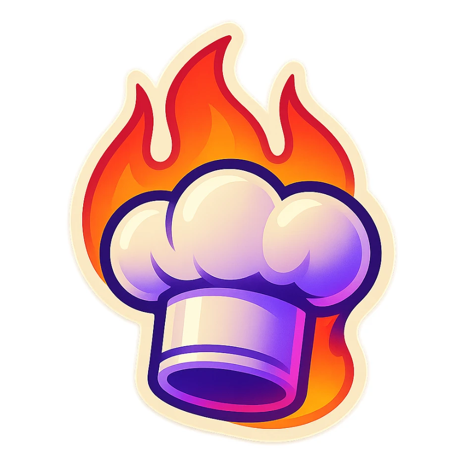 chef's hat in fire emoji, playful and modern with gradient FF4D67, 9D34FF, 10B981 gradient, vibrant, transparent background sticker