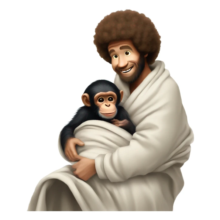 Bob Ross bottle feeding a new born baby chimpanzee wrapped in a blanket sticker