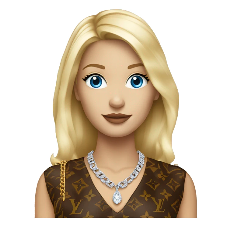 a full standing blonde female with blue eyes wearing a diamond chain with a pendant saying bonnie with louis Vuitton clothing  sticker