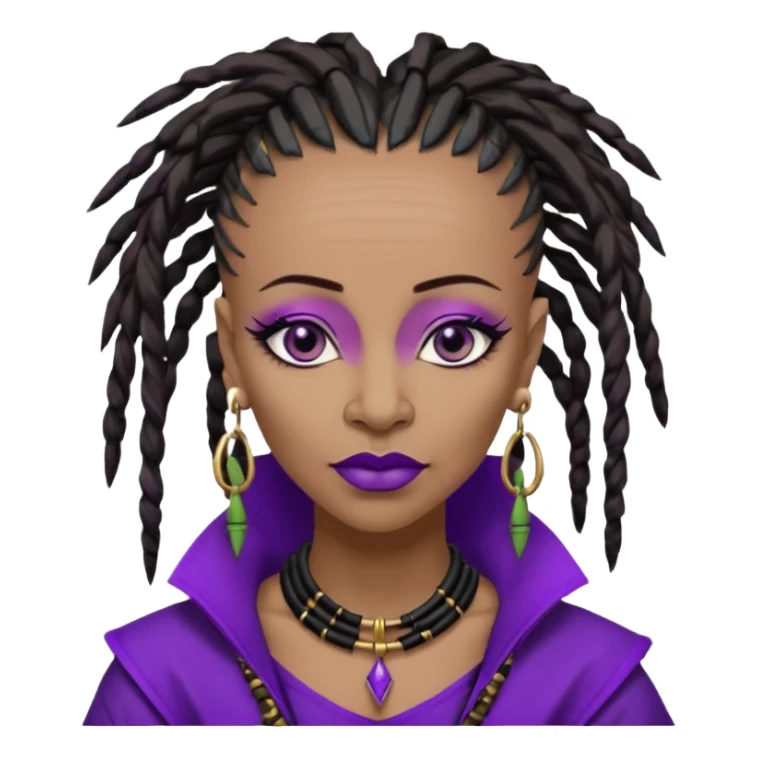 57 years young,  Black queen with a  dreads mohawk hairstyle, purple lipstick,  purple eyeshadow,  droopy looking  eyes, bamboo triangle earrings with the name Draya personalized on them.  sticker