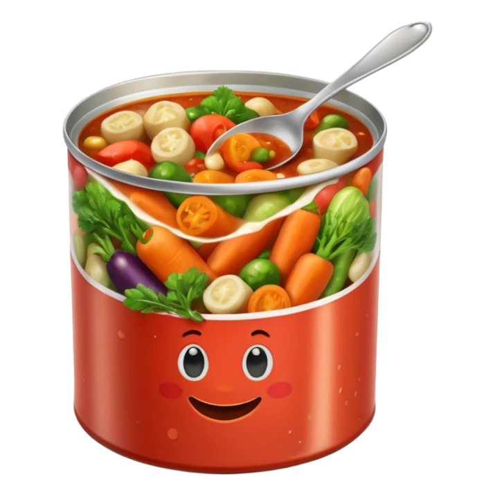 open tin can with chunky mixed vegetables in tomato sauce, no spoon or branding, soft lighting, subtle shadows, emoji scale sticker