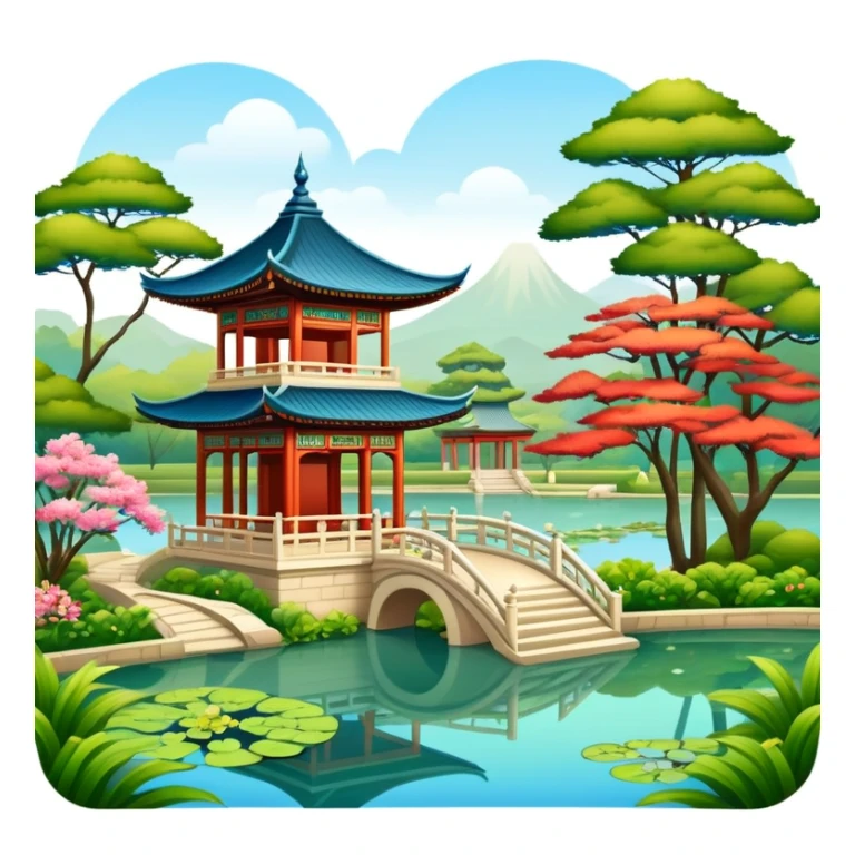Oriental palace garden with pavilion and pond sticker