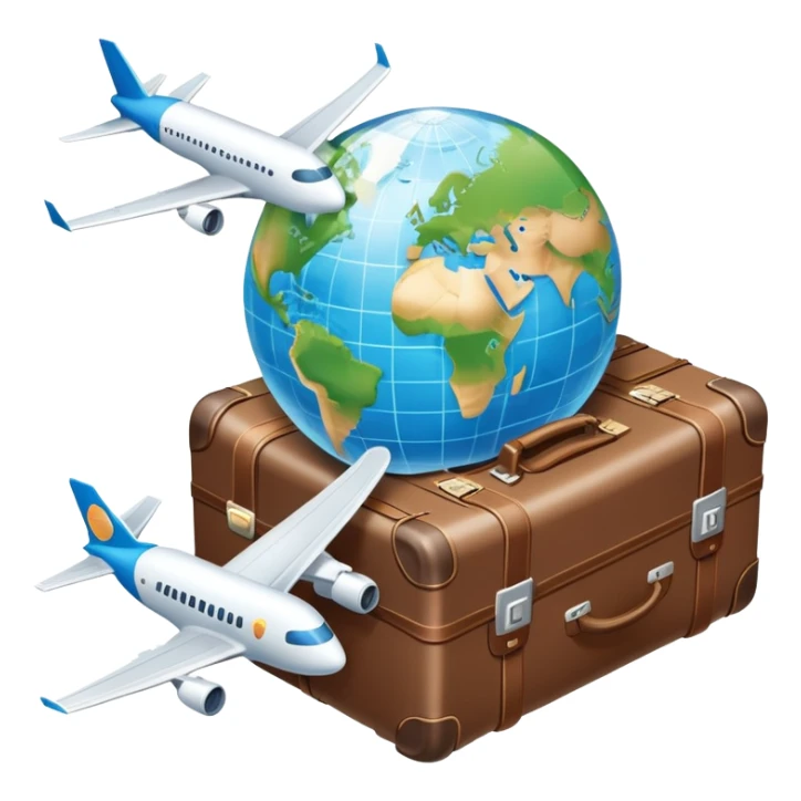 An icon featuring a suitcase, a hotel building, and a globe, symbolizing tourism and hospitality. The design includes a plane and a map, representing travel and accommodation services. Transparent background highlights the global nature of tourism and the hospitality industry. sticker