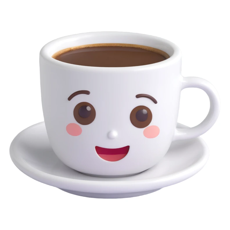 3D emoji style small white espresso cup with dark espresso and cute face sticker