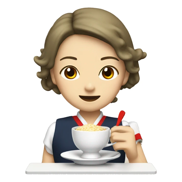 Women eating risotto and drinking tea wearing school uniform with japanese kanji and with red big shoes on his foot sticker