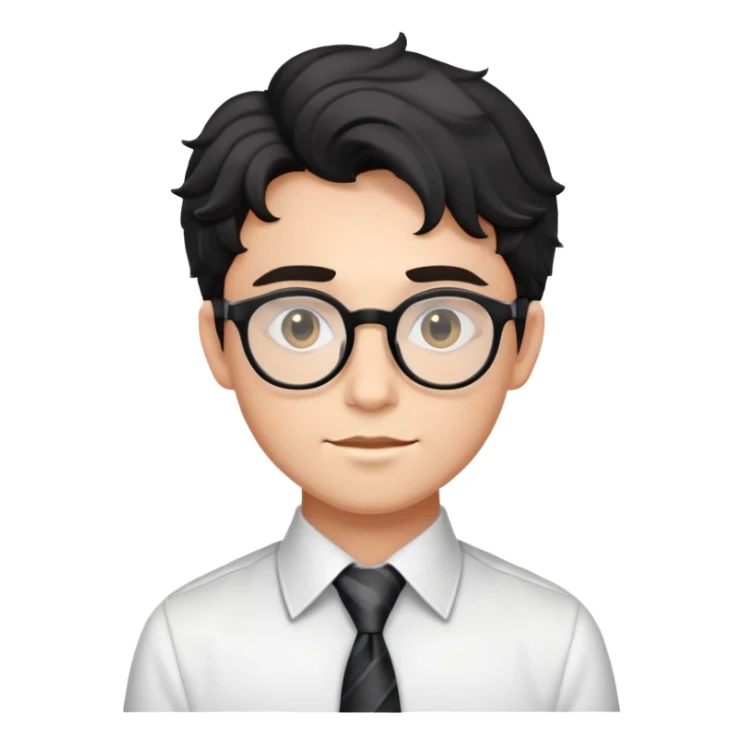 Young man with black wavy hair, round glasses, dressed for theater in smart casual outfit with dress shirt and tie sticker