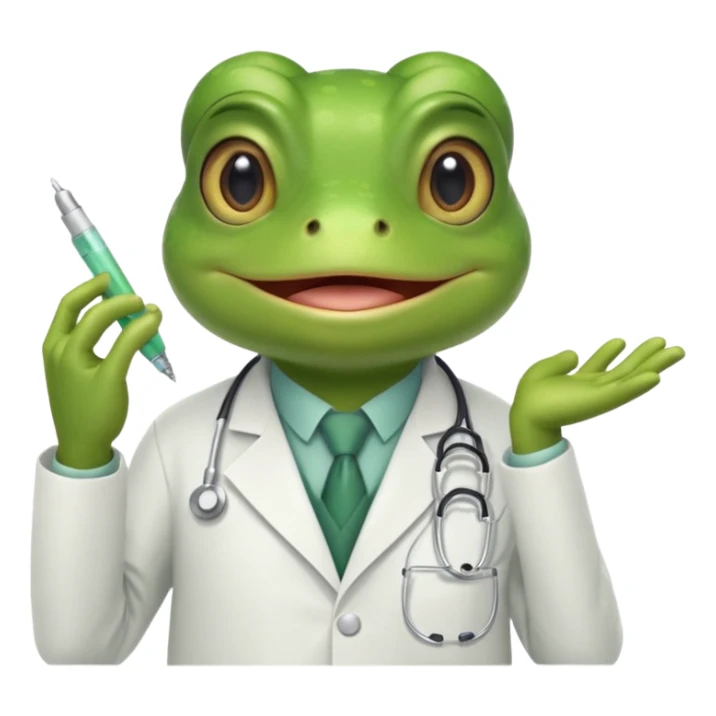 A frog in a doctor’s coat, happily examining a patient, portrait sticker