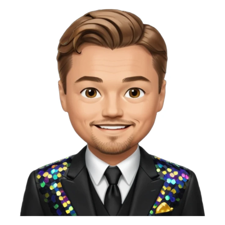 Leonardo DiCaprio with light brown hair, black sequin suit sticker