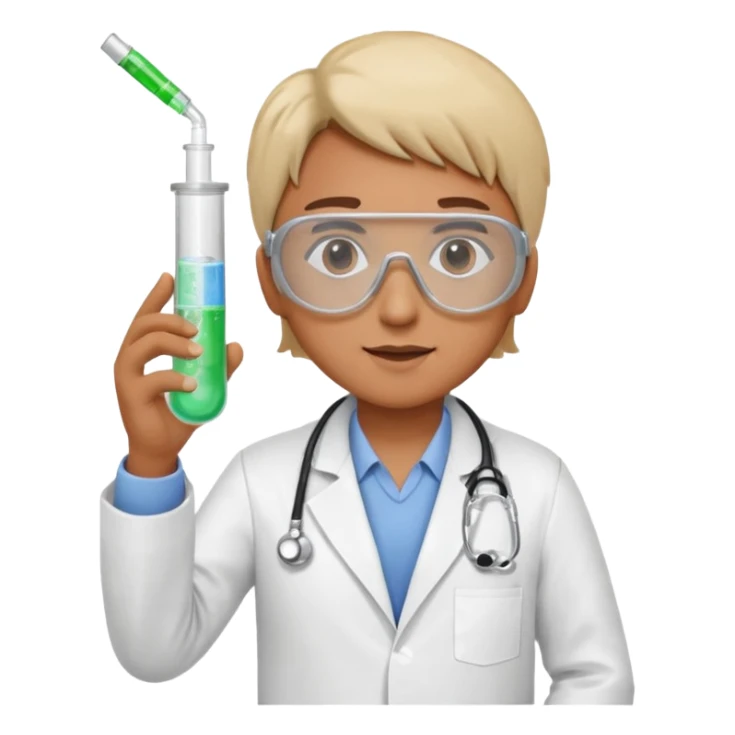 A person wearing safety goggles, a stethoscope, and a white coat. In one hand they hold a test tube containing chemicals and in the other a syringe. sticker