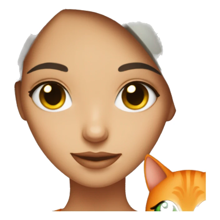 Gorgeous brunette with green eyes holding a orange cat sticker