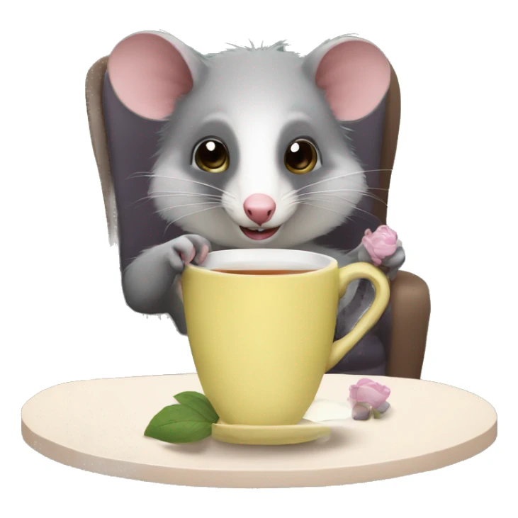 possum drinking tea looking at camera sitting in a chair sticker