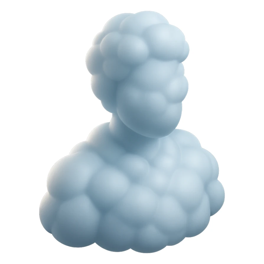 shoulder-up person fully made of white fluffy bulging clouds, matte glass style sticker