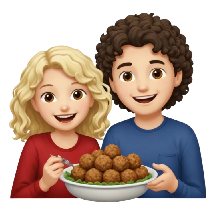 Ragazza bionda leggermente riccia e lunghi che ride ad un ragazzo con i capelli ricci scuri mentre mangia polpette sticker