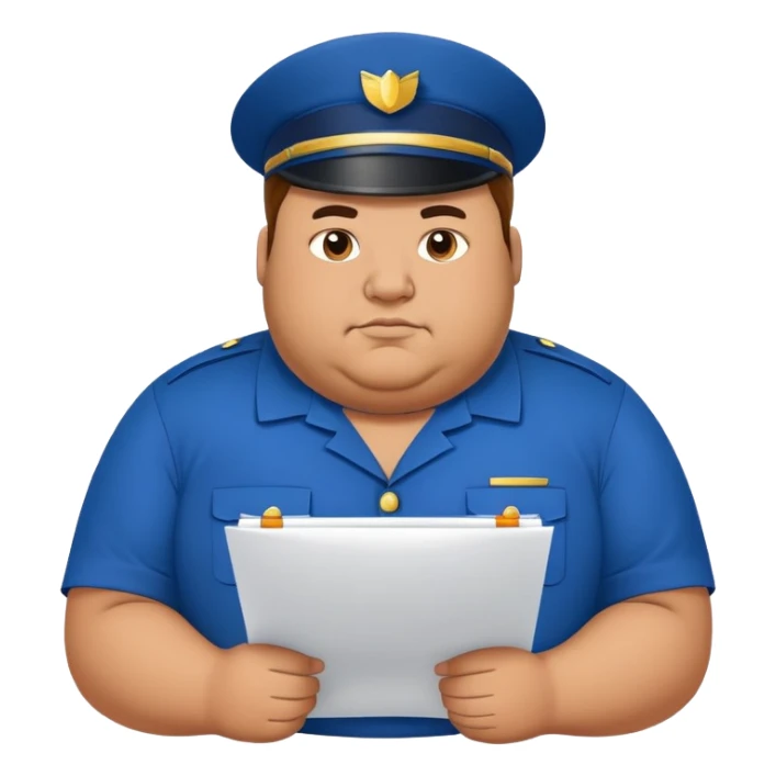 a bit fat bold man in blue uniform drawing a scheme sticker