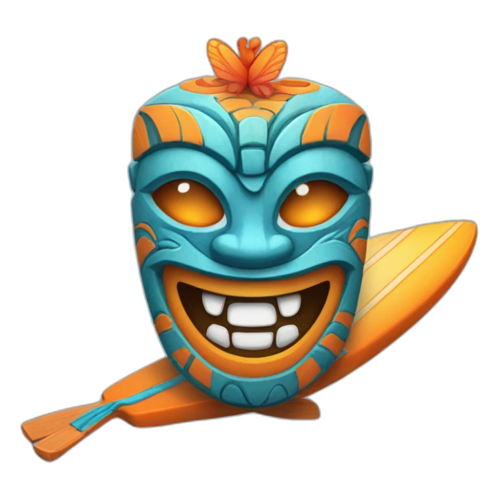 Cartoon Blue and orange smiling tiki with butterfly and surfboard sticker