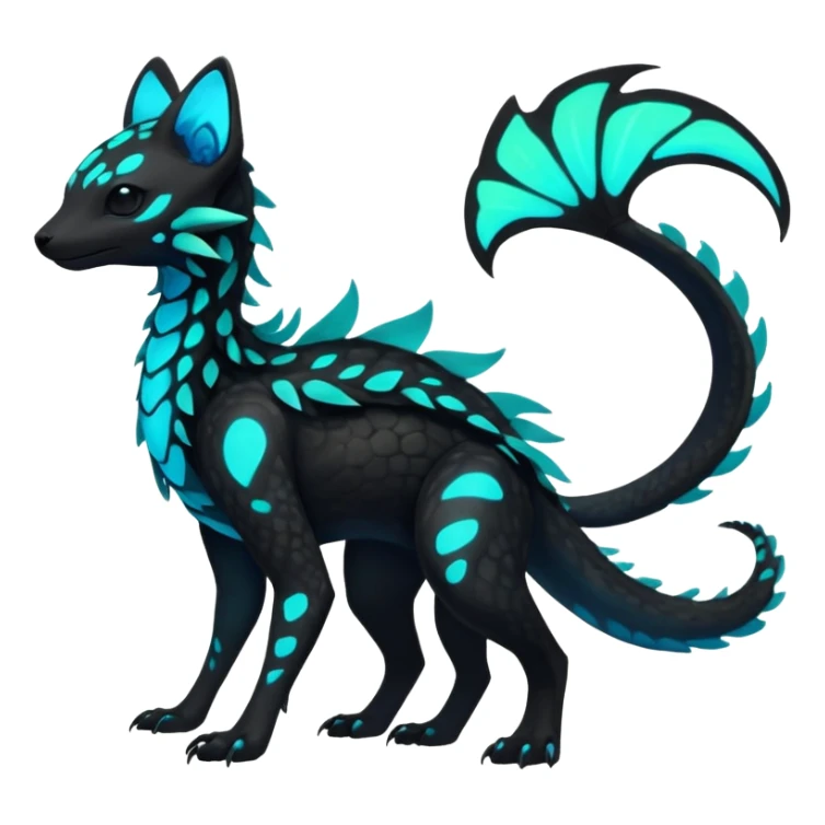 Rare realistic black-scaled neon-glowing bioluminescent edgy badass epic pretty beautiful handsome gorgeous aesthetic colorful vibrant Vernid-Trico-species-Fakemon-creature by LiLaiRa, 4 legs, 1 tail, random markings, (full body) sticker