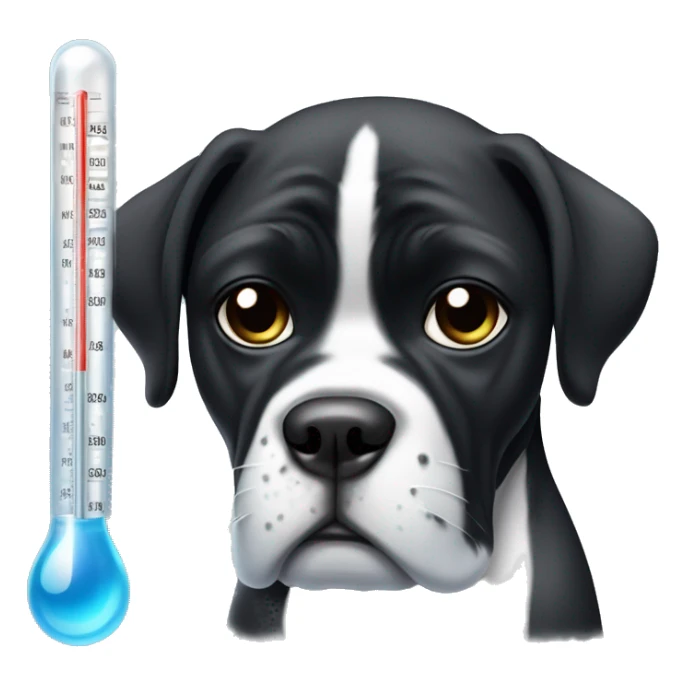 black boxer dog with some white on face making sad eyes with an ice pack on top of her head and mercury thermometer in her mouth sticker