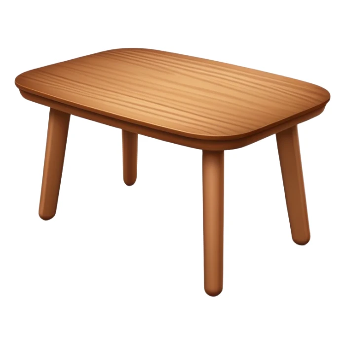 A 3D wooden table with subtle wood texture, rounded corners, gentle highlights, and a slightly angled perspective, matching the realistic-yet-simple style of the '🪑' chair emoji; medium brown tones, minimal details, emoji-friendly design. sticker