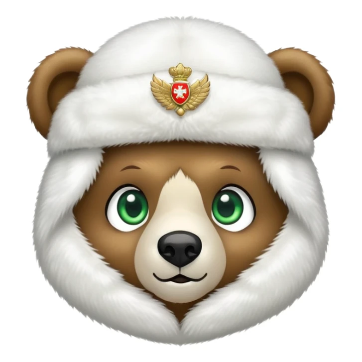 Adorable bear head with big green eyes and soft expression, wearing white fluffy ushanka with detailed Russian emblem in center, iOS emoji style sticker