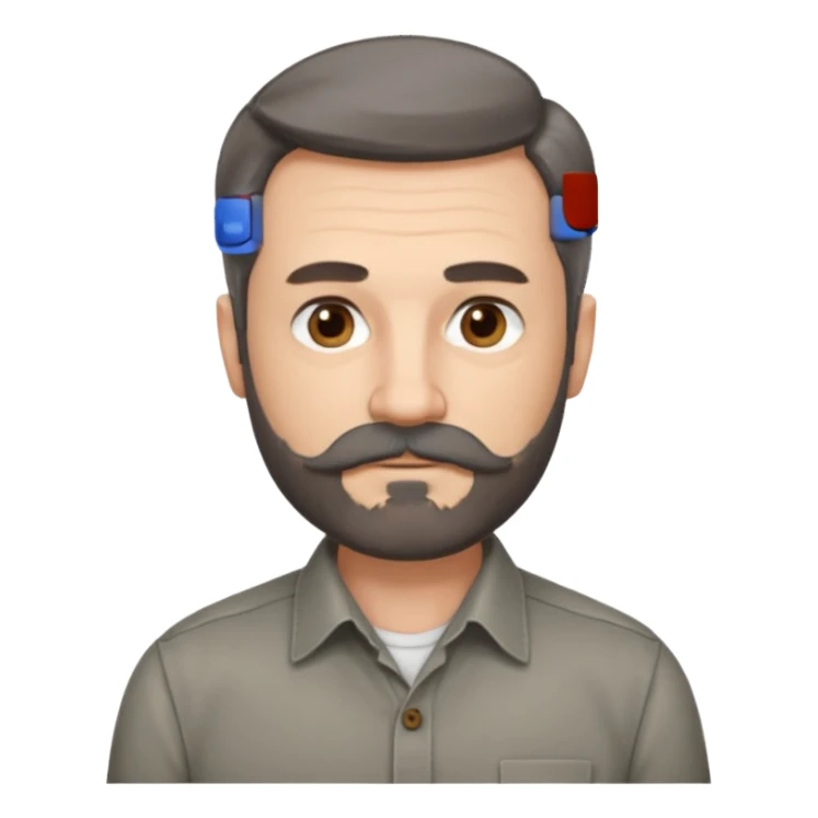 50 yr old white man, pale skin, dark grey hair with some brown highlights, side swept part, groomed moustache and beard sticker