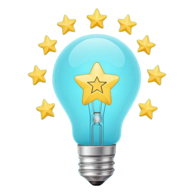Light bulb icon with three small stars inside the bulb, flat emoji style, outline with blue and turquoise colors, white background sticker