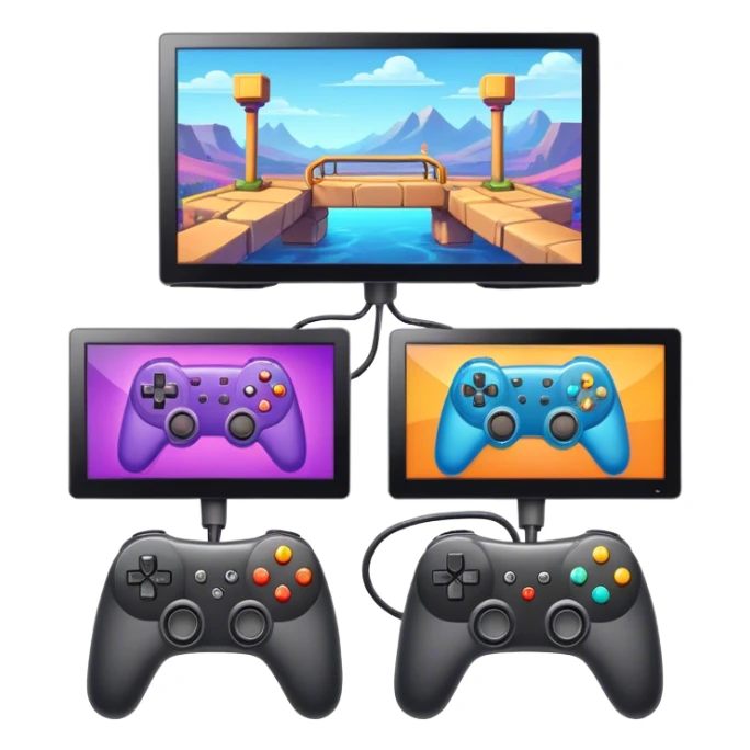 An icon showing two monitors with gaming interfaces, connected by a wire. Each monitor displays a different game screen, with two gamepads placed nearby, symbolizing multiplayer gameplay. transparent background. sticker