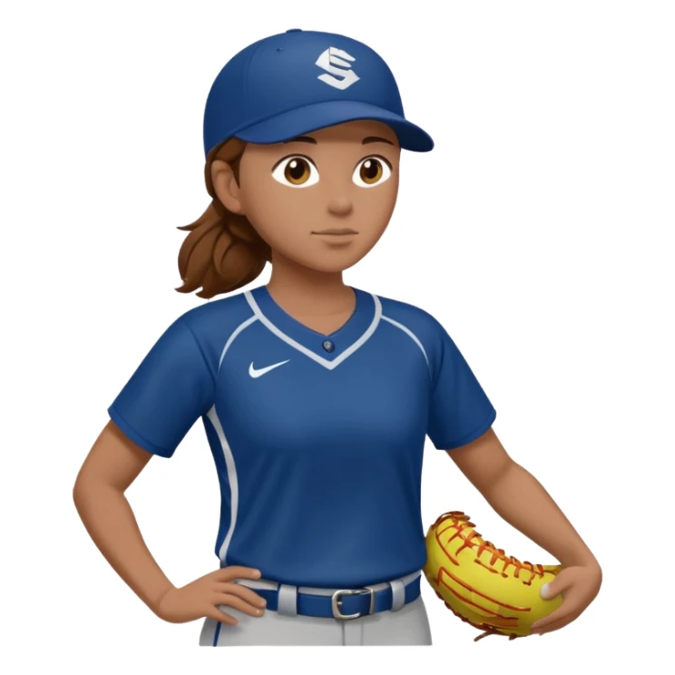 Softball pitcher pitching the ball from side view with brown hair and dark blue jersey and no hat and a face guard sticker