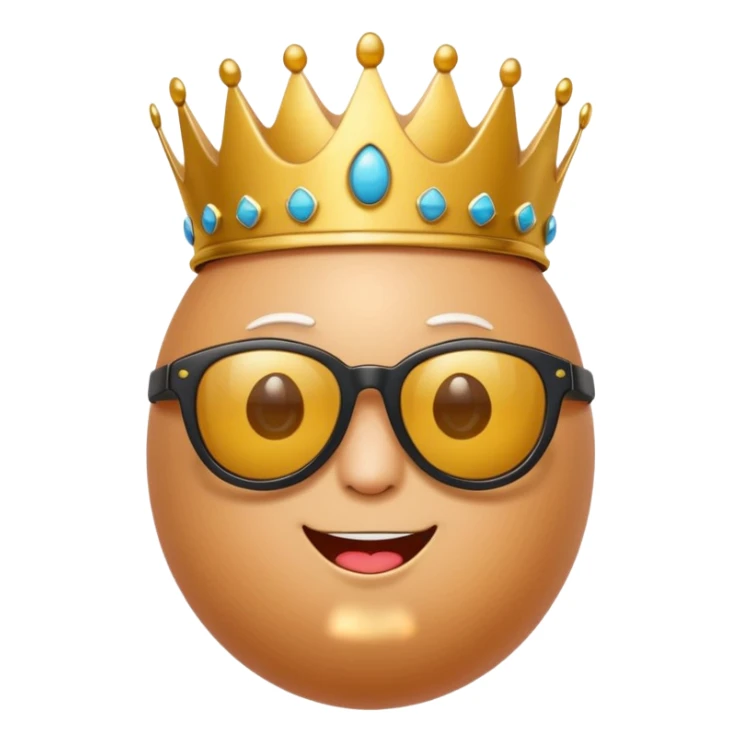 a funny, proud cartoon-style egg character wearing sunglasses and a small crown, solid orange background. sticker