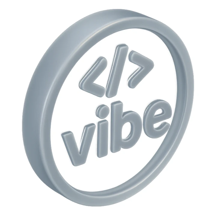 a glassy coin with the word 'vibe' and coding symbols in matte glass style sticker