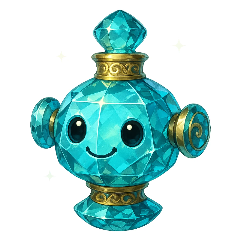 cute, luxurious crystal elixir bottle in the shape of a friendly and playful robot head, cyan color, lots of shining, facets, ornaments, golden details, magical effects, very small golden collar, transparent background, beautiful merging base, clearly floating in the air, no base or shadow, premium class impression, design matching a collection of crystal, luxurious, magical bottles sticker