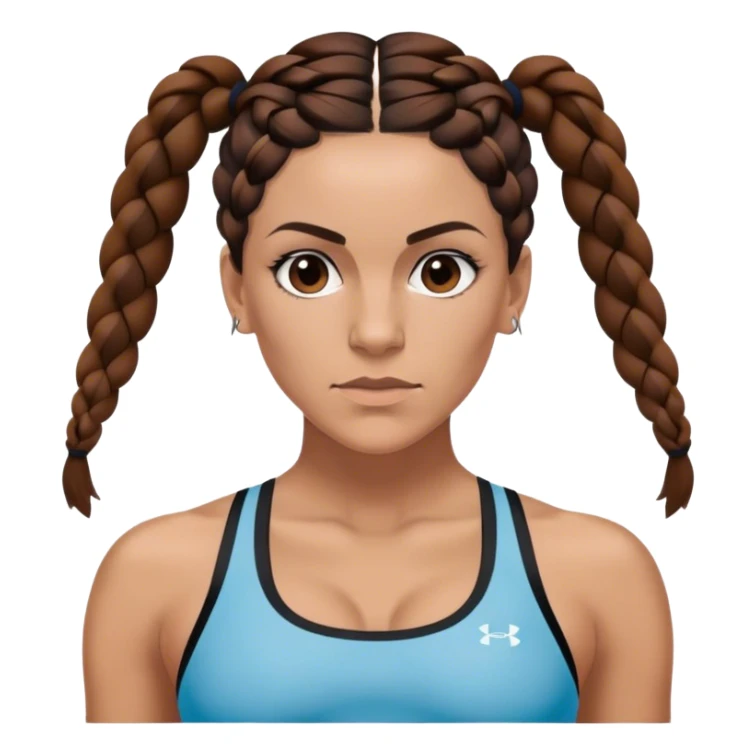 Melanie chisholm with two dark brown french braids parted down the middle, wearing a sports bra sticker