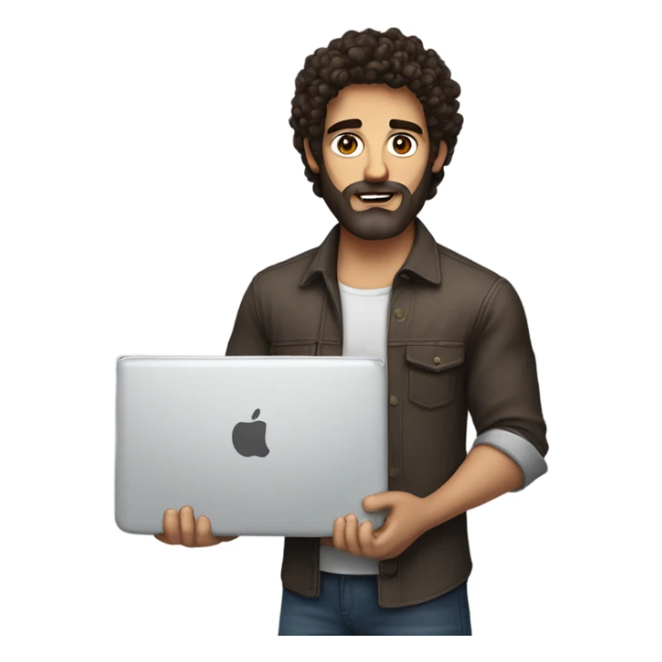 Web designer carrying a computer in his hands. métis men with curly dark brown hair, brown eyes, little grown beard. imposing, muscular build. sticker
