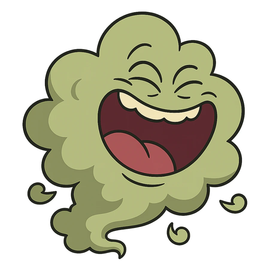 a green fart cloud with a wide open mouth laughing, comic style sticker