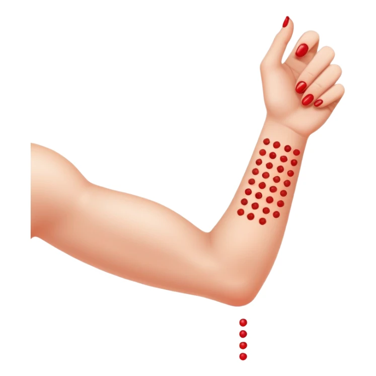 Allergy skin prick test on forearm with small red bumps showing reactions to different allergens sticker