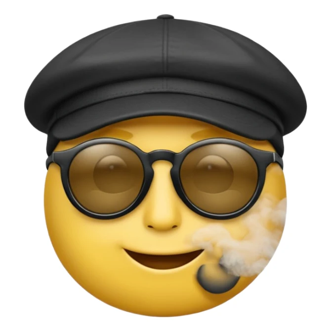 A high-res yellow face emoji with black sunglasses and a backwards black cap, smirking with half-lidded eyes and exhaling soft gray-white smoke, with detailed shading, glossy lenses, and realistic smoke wisps. sticker