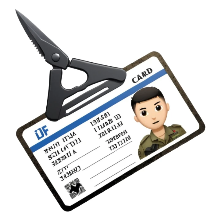 black Scissors cutting an idf soldier ID card in 2 parts .hyper realistic sticker
