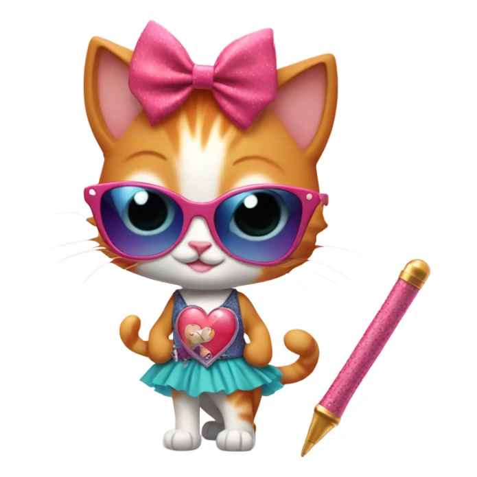 A ginger kitten wearing a skirt and point shoes holding a magic wand and wearing heart shaped sun glasses sticker