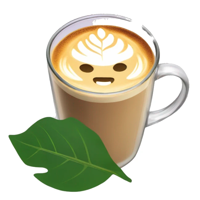 A latte in a clear glass mug with a leaf-shaped latte art design sticker