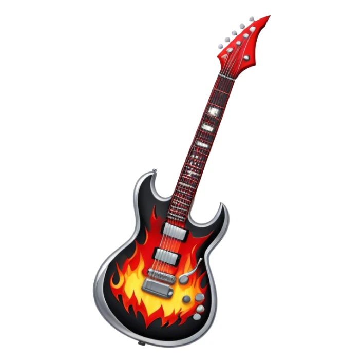 Create a bold and powerful emoji representing rock vocal performance in a humanless collage. The design should feature a vintage microphone at the center, surrounded by a heavy, aggressive hardcore electric guitar with sharp, jagged edges. Include crossed drumsticks behind the guitar, symbolizing the intense rhythm of rock music. Add fiery elements like flames or lightning bolts to enhance the raw energy of the design. Use dark, bold colors like black, red, and silver, with metallic or chrome accents to reflect the rebellious, hard-hitting nature of rock. The background should be transparent. sticker