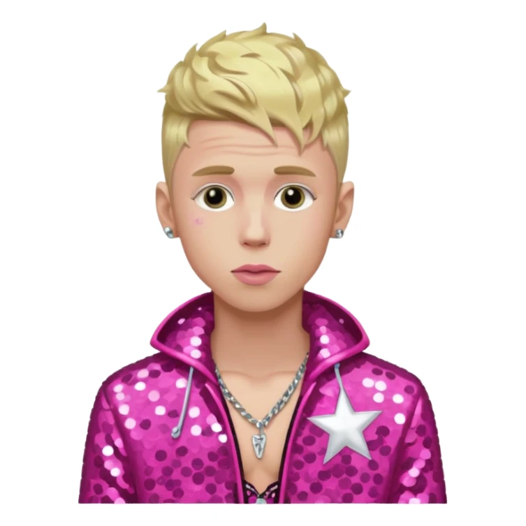 Machine Gun Kelly with blonde hair, dark pink sequin outfit sticker