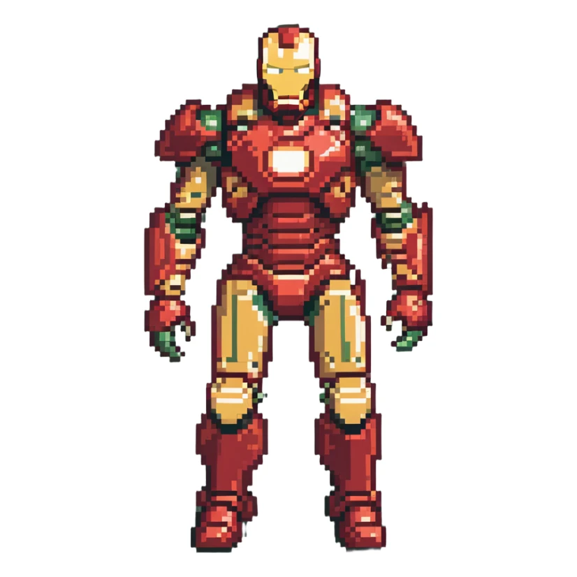 Hulkbuster armor, massive red and gold Iron Man suit designed to fight Hulk, bulky armored exoskeleton, retro video game style sticker
