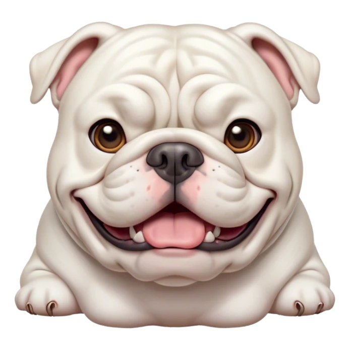 Cinematic Comical White English Bulldog Portrait Emoji, Head tilted dramatically with an exaggeratedly amused expression, featuring a striking pure white coat with a subtle sheen, wide, expressive brown eyes filled with playful disbelief, Simplified yet hilariously expressive features, highly detailed, glowing with a slightly sassy glow, high shine, dramatic yet playful, stylized with an air of cheeky defiance, bright and endearing, soft glowing outline, capturing the essence of a spirited and over-the-top guardian, so meme-worthy it feels like it could side-eye its way into internet fame instantly! sticker