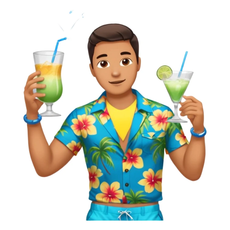 human male Unbuttoned Hawaiian shirt, swim trunks, shaking a cocktail shaker (sparks flying) sticker